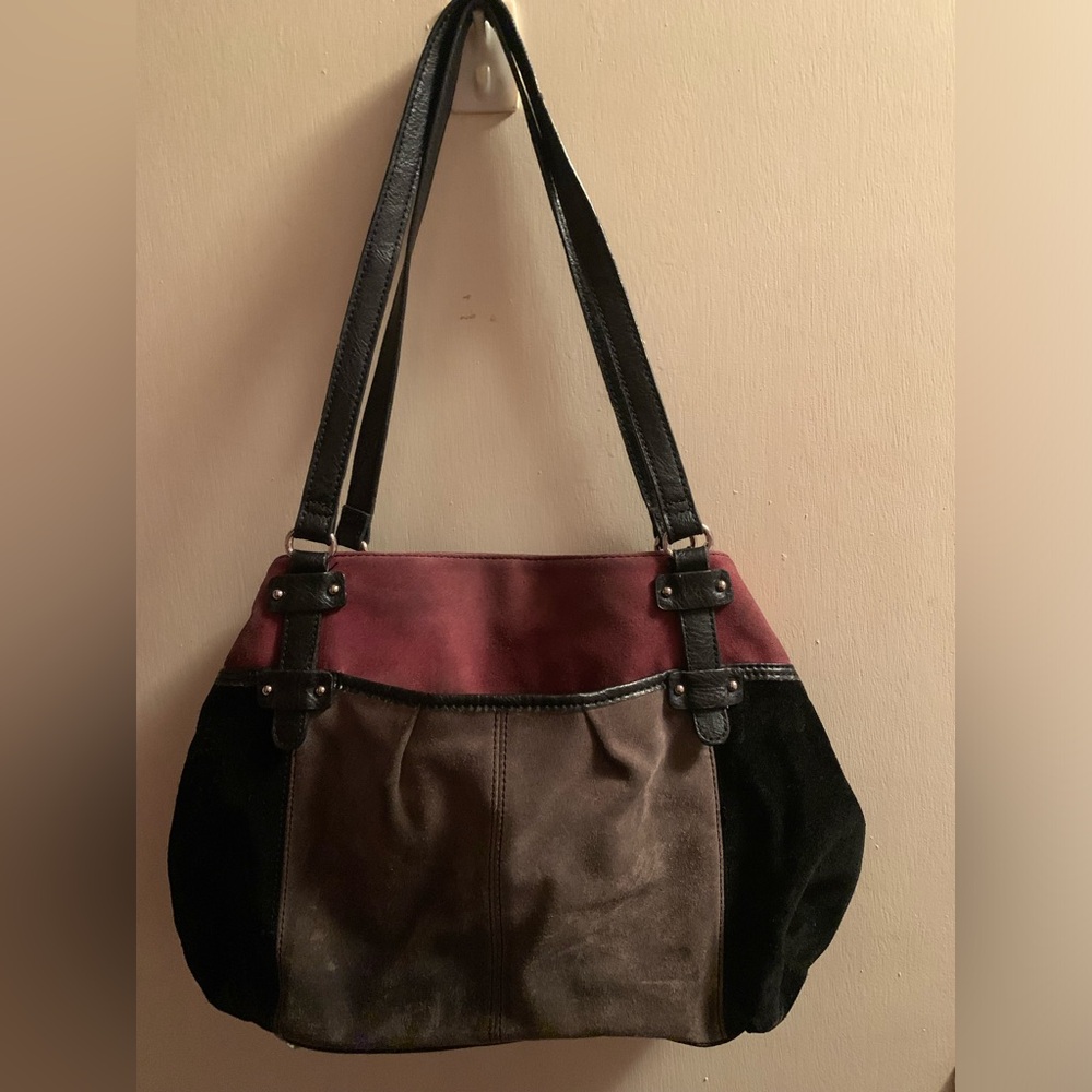 Tignanello Vintage Burgundy Grey Suede & Leather Shoulder Tote Bag SUPER EUC